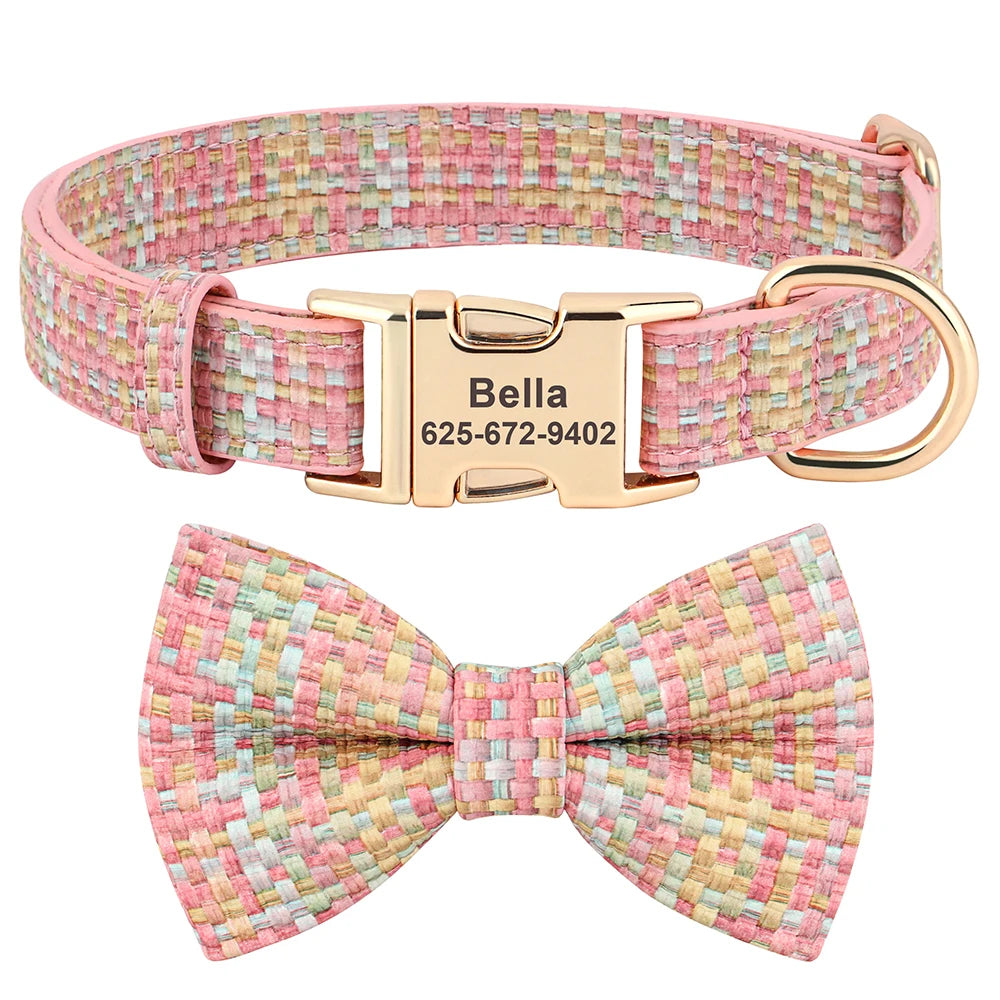 Personalized Leather Dog Collar with Chic Bowknot & Free Engraving