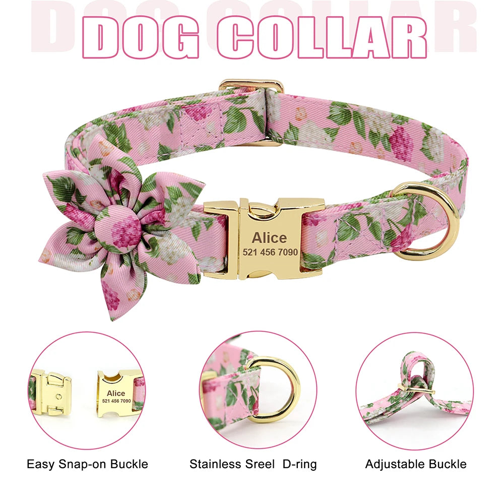 Personalized Floral Dog Collar, Leash & Harness Set with Free Engraving - For Small to Large Breeds
