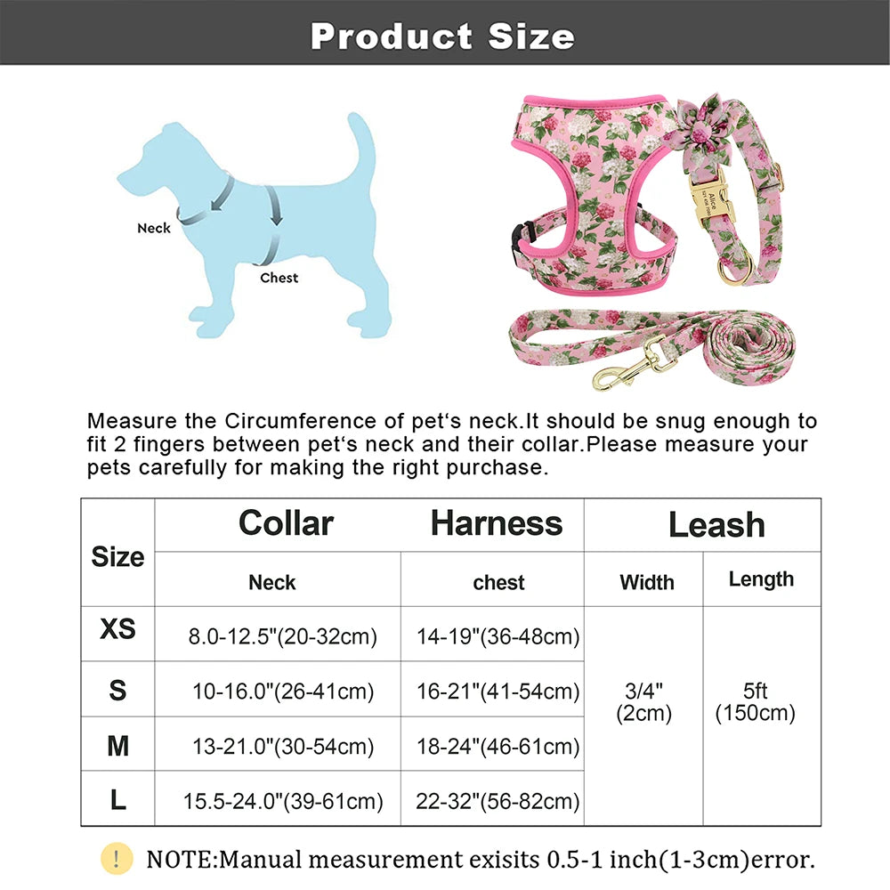 Personalized Floral Dog Collar, Leash & Harness Set with Free Engraving - For Small to Large Breeds