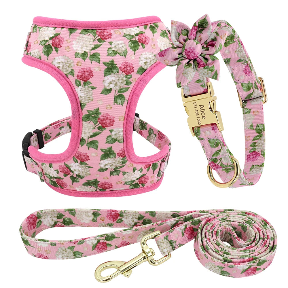 Personalized Floral Dog Collar, Leash & Harness Set with Free Engraving - For Small to Large Breeds