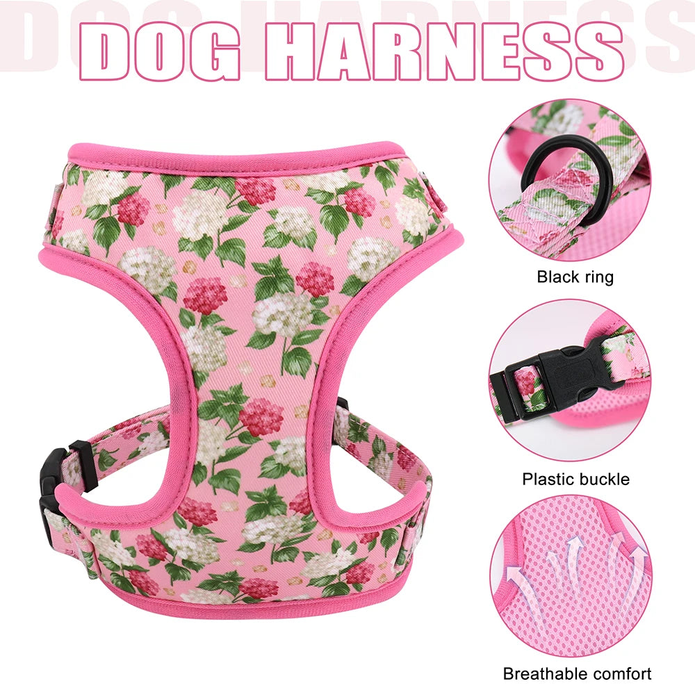 Personalized Floral Dog Collar, Leash & Harness Set with Free Engraving - For Small to Large Breeds
