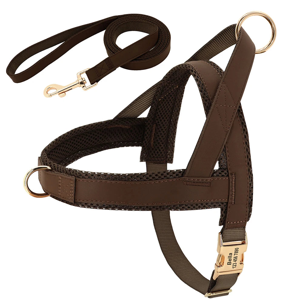 Personalized Leather Dog Collar & Harness Set with Custom ID – Perfect Fit for Every Dog