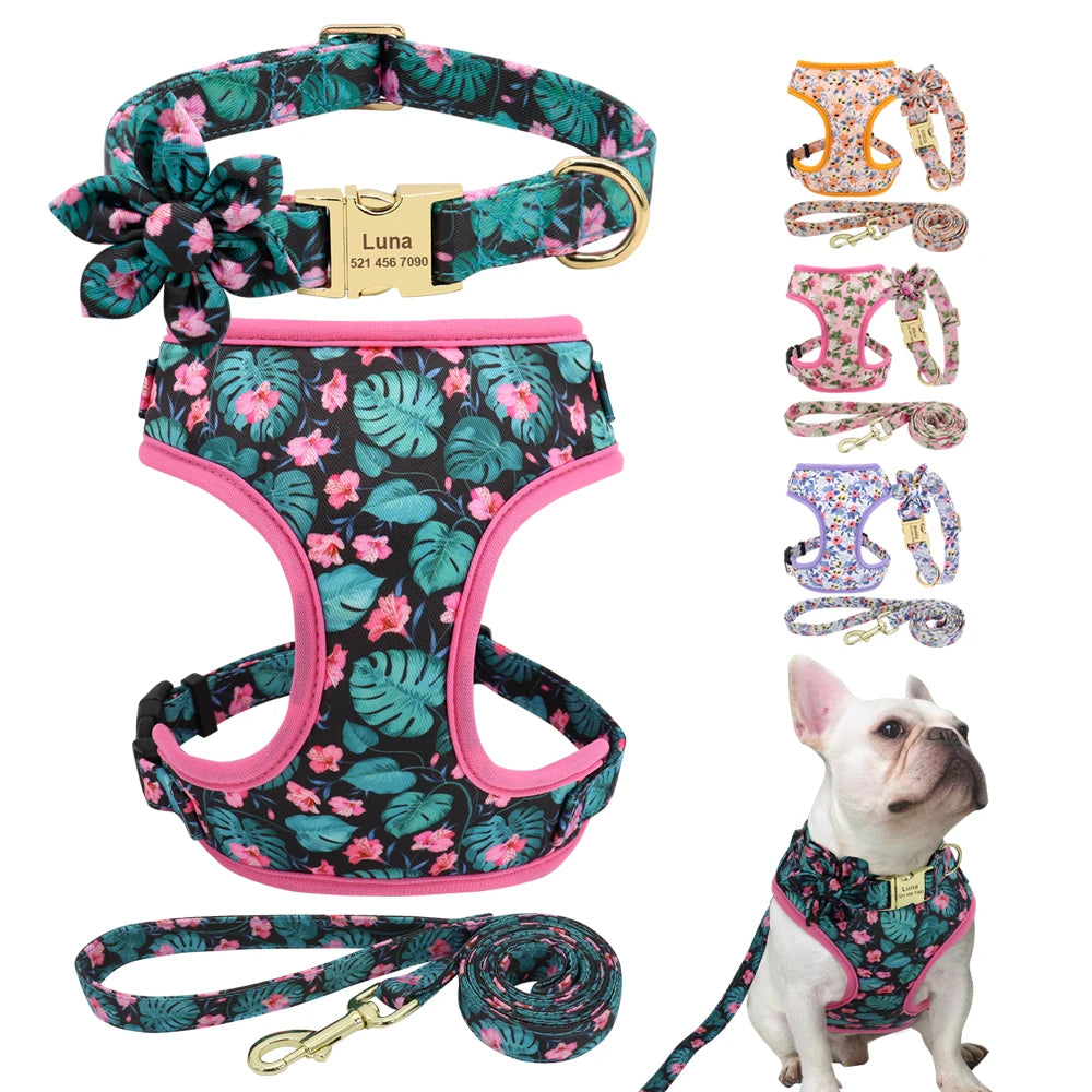 Personalized Floral Dog Collar, Leash & Harness Set with Free Engraving - For Small to Large Breeds