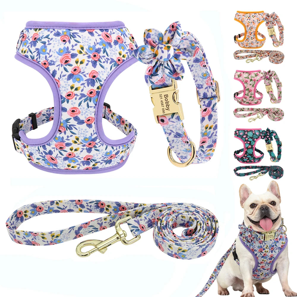 Personalized Floral Dog Collar, Leash & Harness Set with Free Engraving - For Small to Large Breeds