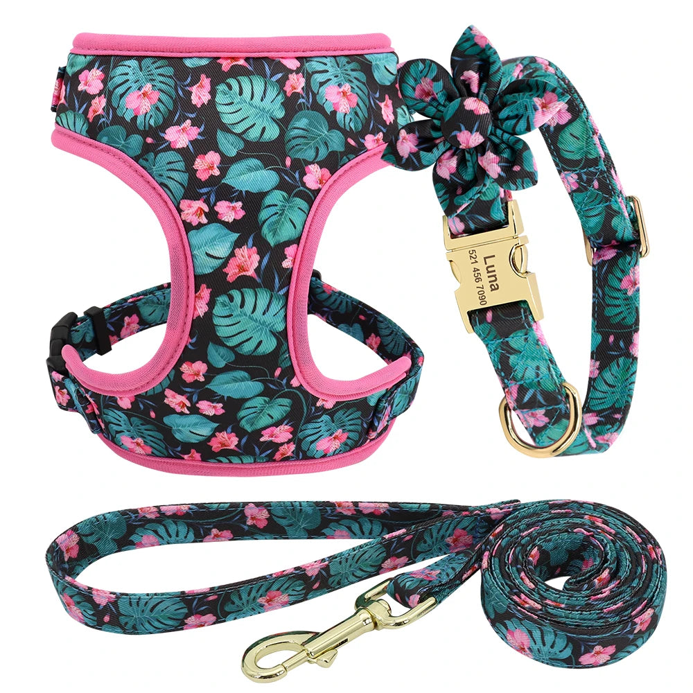 Personalized Floral Dog Collar, Leash & Harness Set with Free Engraving - For Small to Large Breeds