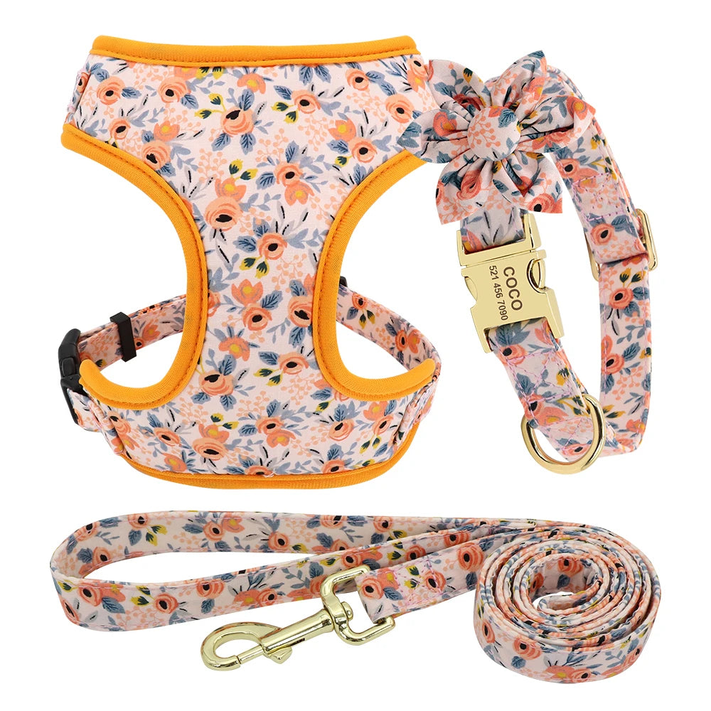 Personalized Floral Dog Collar, Leash & Harness Set with Free Engraving - For Small to Large Breeds