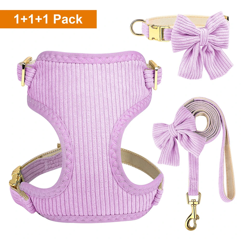 3-Piece Velvet Dog Collar, Harness & Leash Set with Bowknot Charm