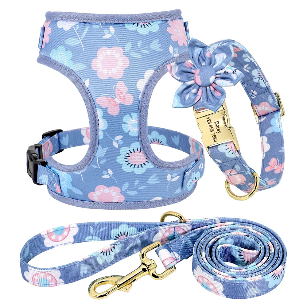 4-Piece Personalized Floral Dog Set: Engraved Collar, Harness, Leash & Treat Bag