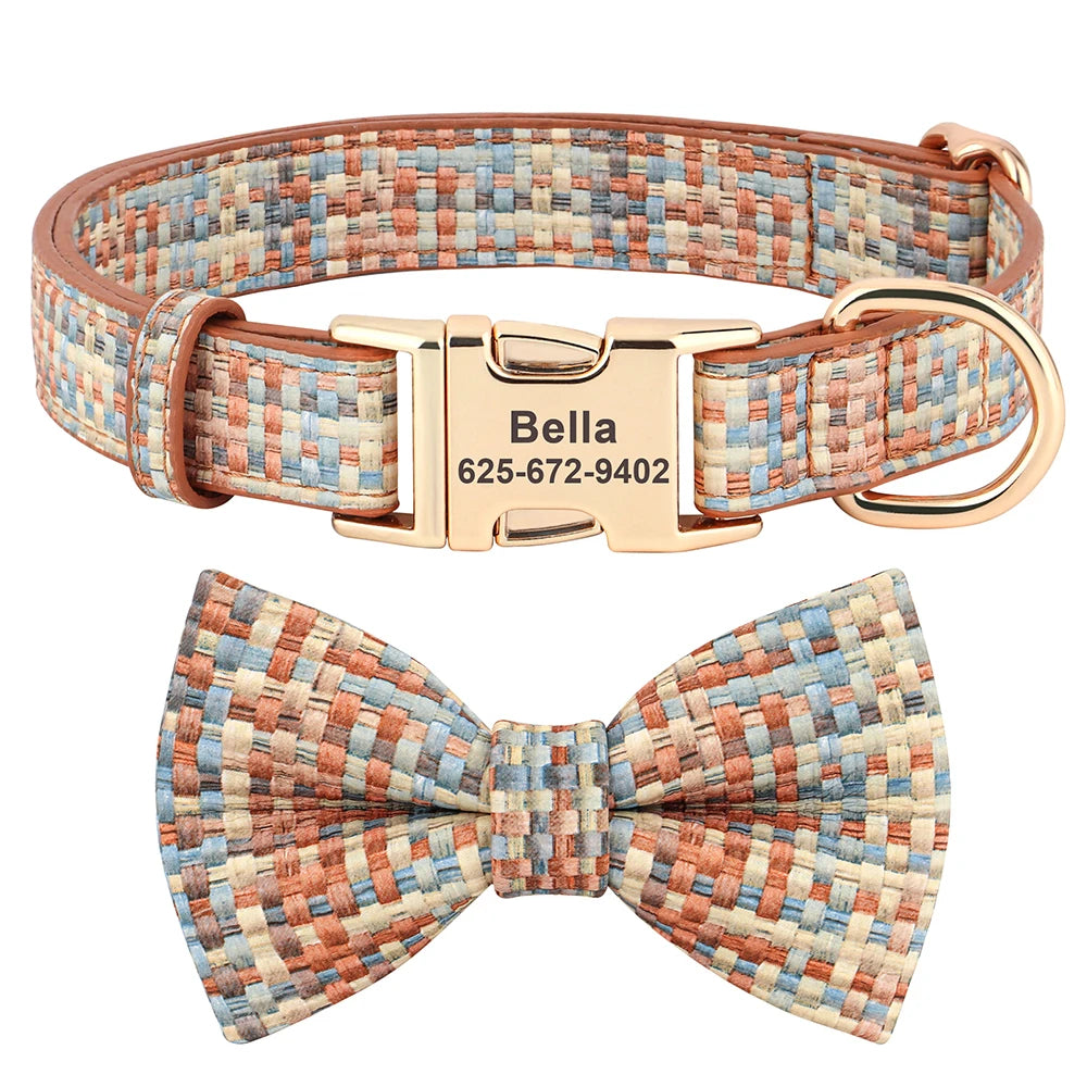 Personalized Leather Dog Collar with Chic Bowknot & Free Engraving