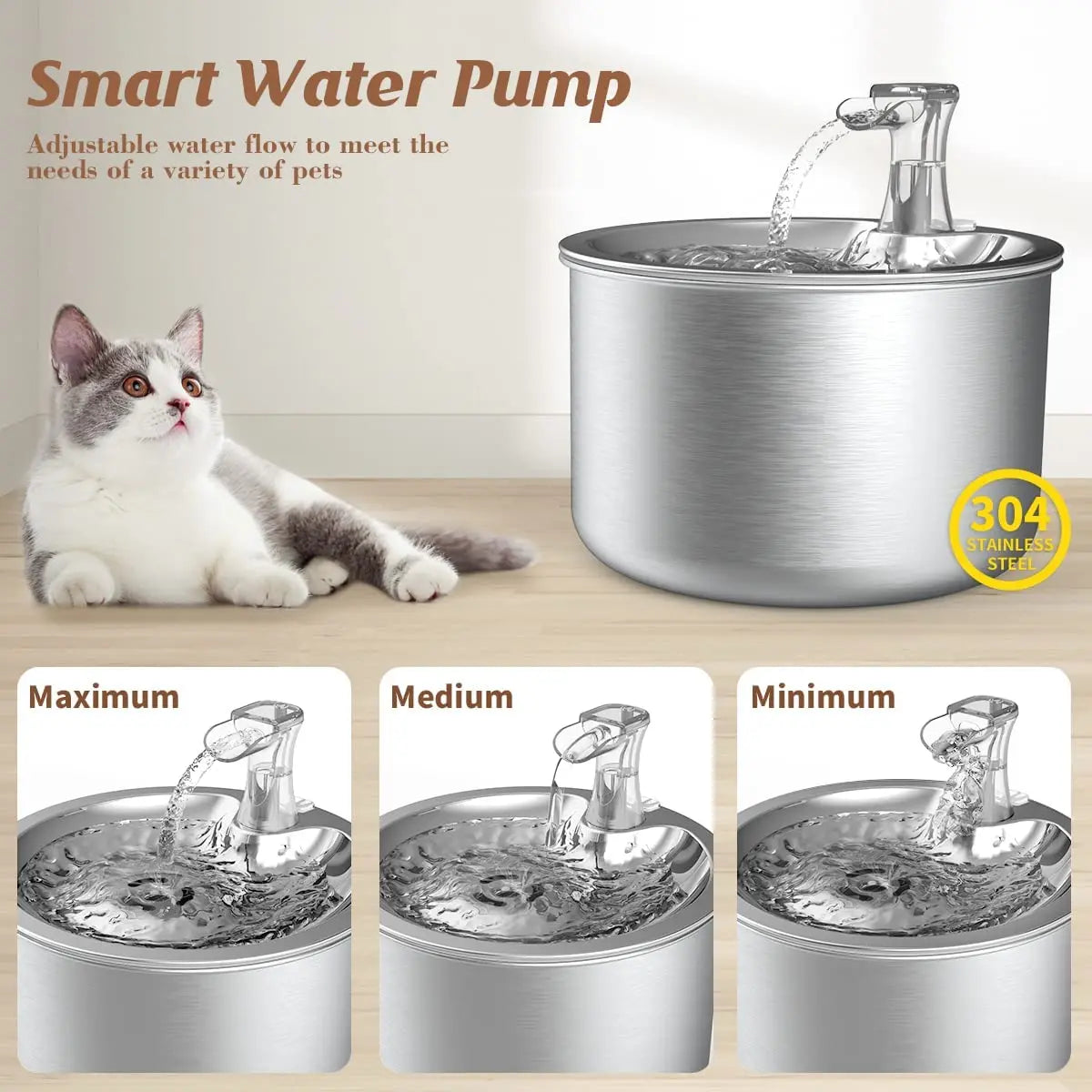PureFlow Stainless Steel Pet Water Fountain – Automatic Hydration with Optional Sensor & Heater