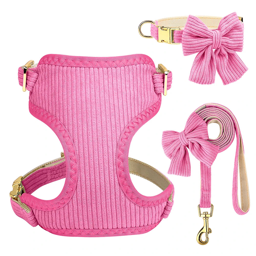 3-Piece Velvet Dog Collar, Harness & Leash Set with Bowknot Charm