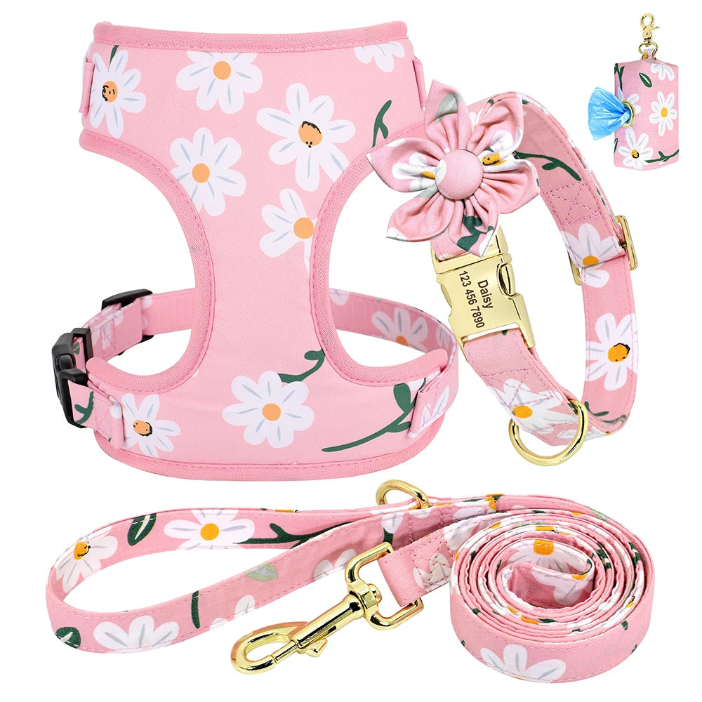 4-Piece Personalized Floral Dog Set: Engraved Collar, Harness, Leash & Treat Bag