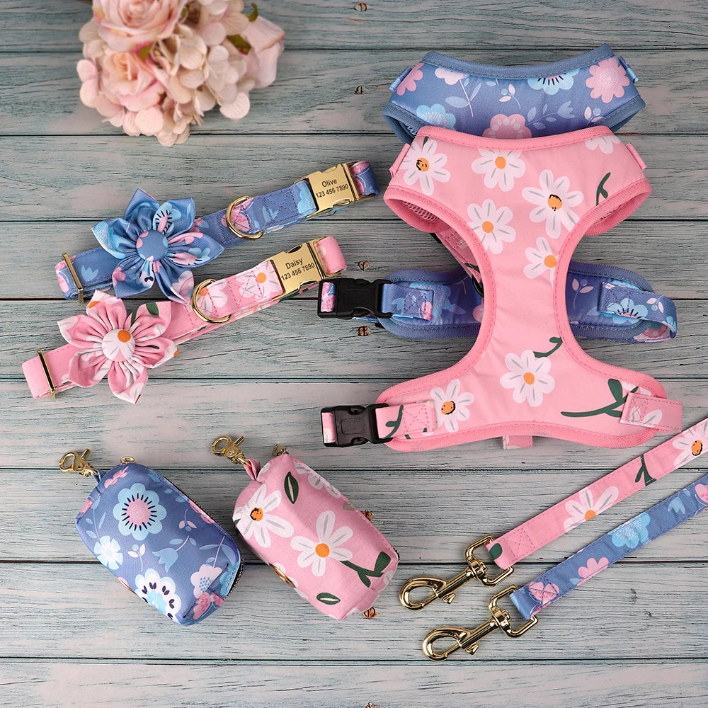4-Piece Personalized Floral Dog Set: Engraved Collar, Harness, Leash & Treat Bag
