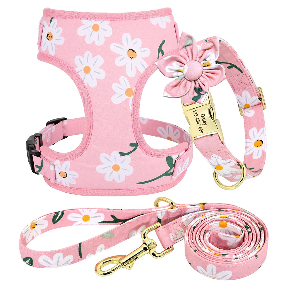 4-Piece Personalized Floral Dog Set: Engraved Collar, Harness, Leash & Treat Bag