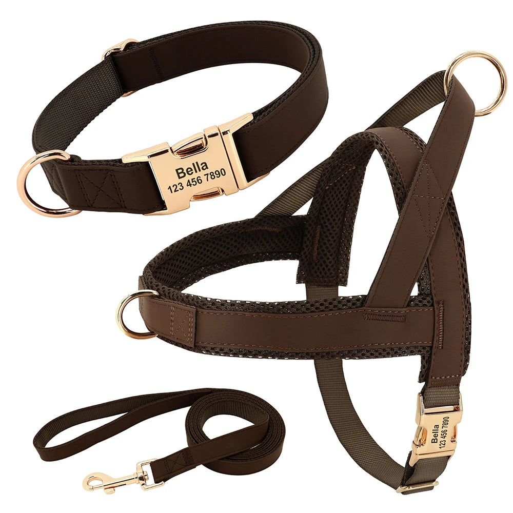 Personalized Leather Dog Collar & Harness Set with Custom ID – Perfect Fit for Every Dog