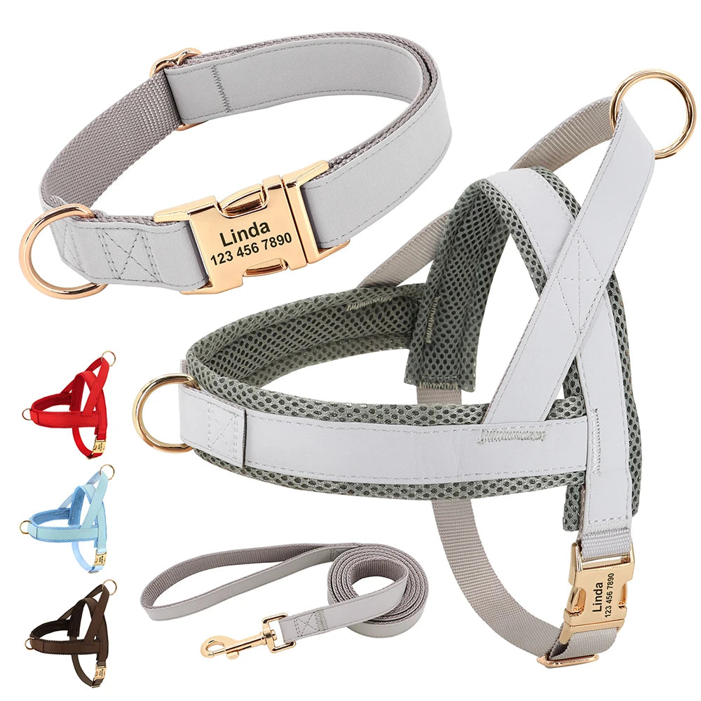Personalized Leather Dog Collar & Harness Set with Custom ID – Perfect Fit for Every Dog