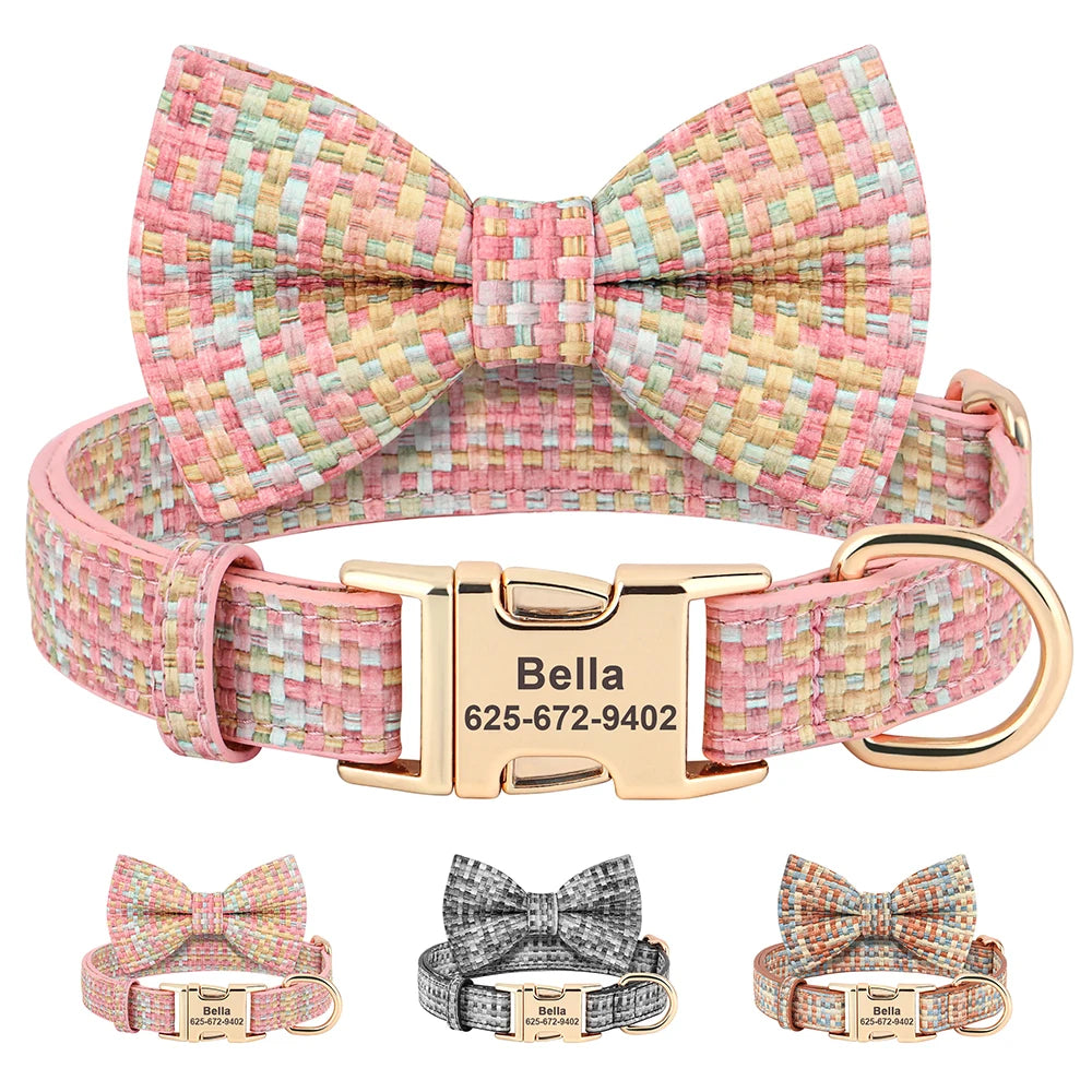 Personalized Leather Dog Collar with Chic Bowknot & Free Engraving