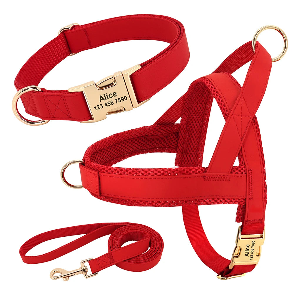 Personalized Leather Dog Collar & Harness Set with Custom ID – Perfect Fit for Every Dog