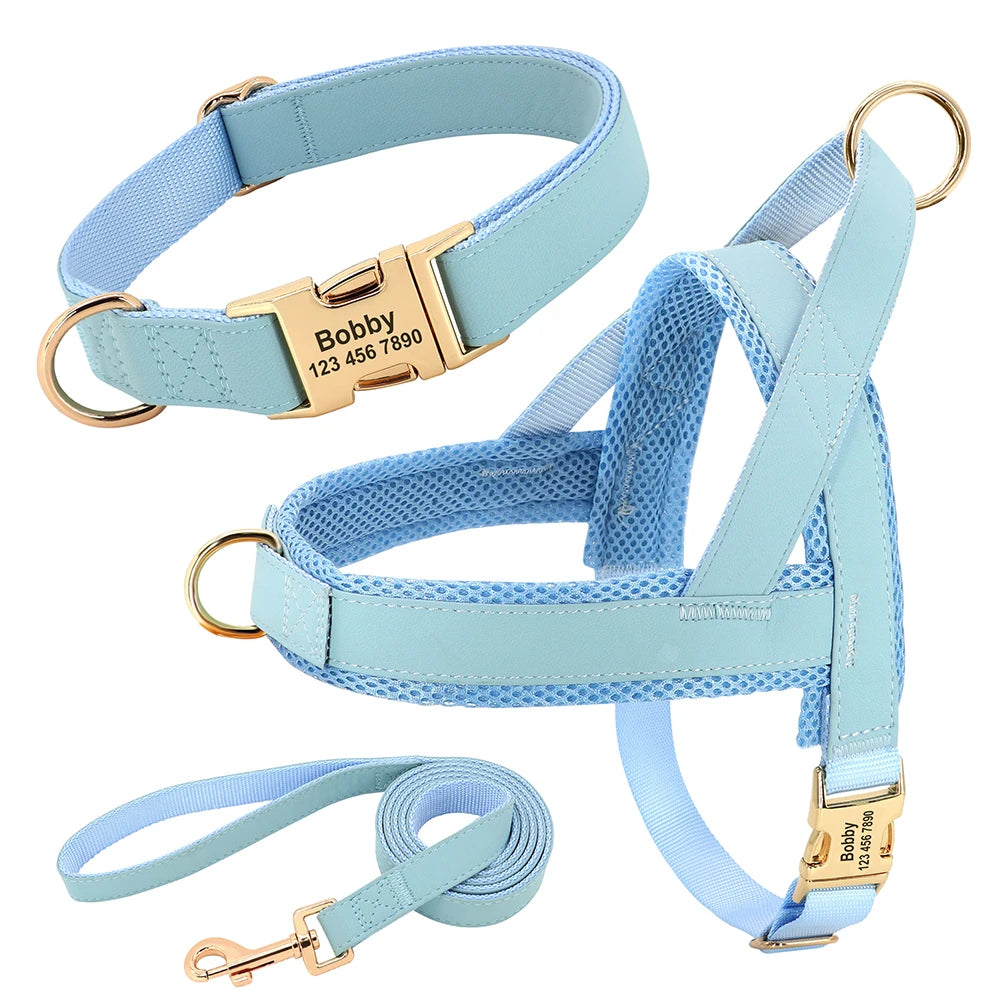 Personalized Leather Dog Collar & Harness Set with Custom ID – Perfect Fit for Every Dog