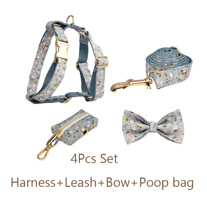 Custom Engraved Floral Dog Collar & Leash Set Tailored Elegance for Every Dog