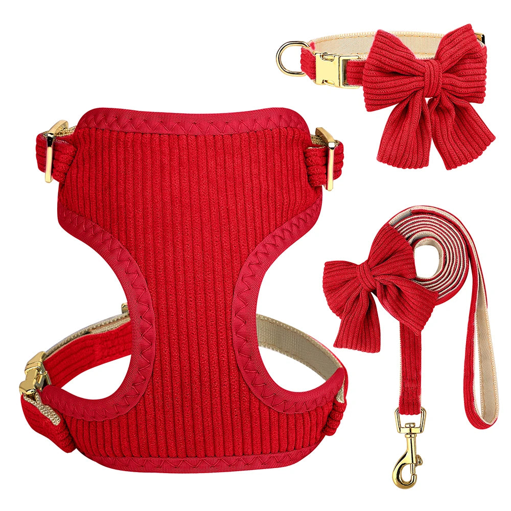 3-Piece Velvet Dog Collar, Harness & Leash Set with Bowknot Charm